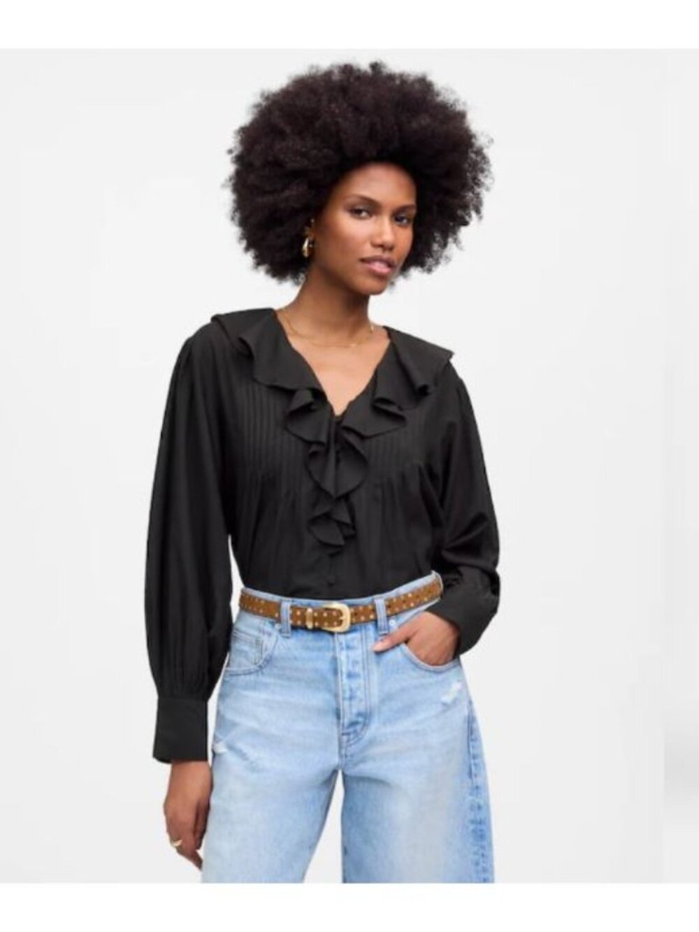 Madewell Ruffled Pintucked Long Sleeve Top Size M Button Up NWT Black Blouse